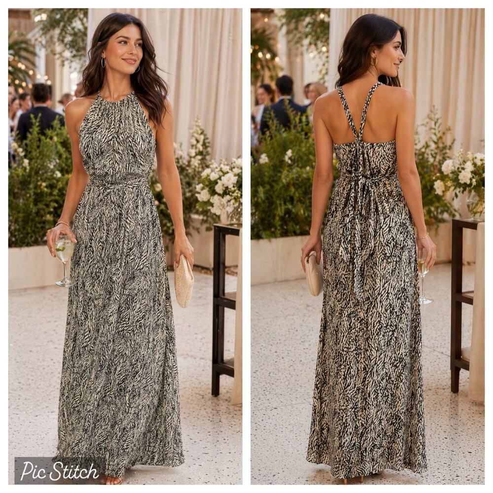 Anthropologie Leifsdottir Navy Cream Abstract 100% Silk Halter Maxi Dress 8 EUC
